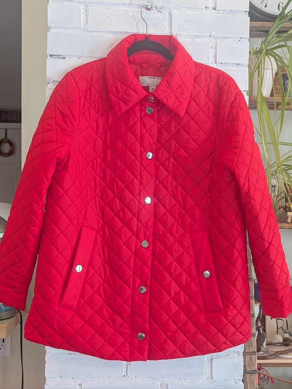 Anne Klein Bright Red Quilted Snap-Front Puffer Jacket